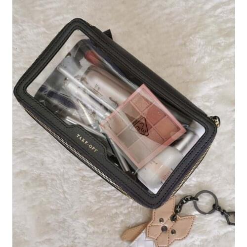 Multi-functional Fashion Transparent Pvc And Cow Leather Material Cosmetic Bag Toiletries Organizer Lady Travel Wash Gargle Bag