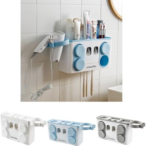 1PC Multifunction Bathroom Auto Toothpaste Dispenser with Suction Cup Toothbrush Storage Holders Wall Mount Hair Dryer Shelves