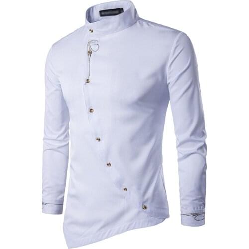 Men Irregular hem casual shirt embroidery stand slim male shirt long sleeve tilt the button high quality formal party men shirt