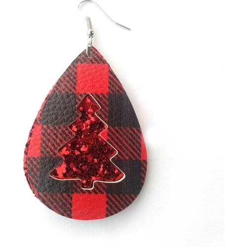 New Stock Layered Teardrop Christmas Tree Glitter Faux Leather Earrings Double Layer Plaid Pattern Leaf Earrings Christmas Gift