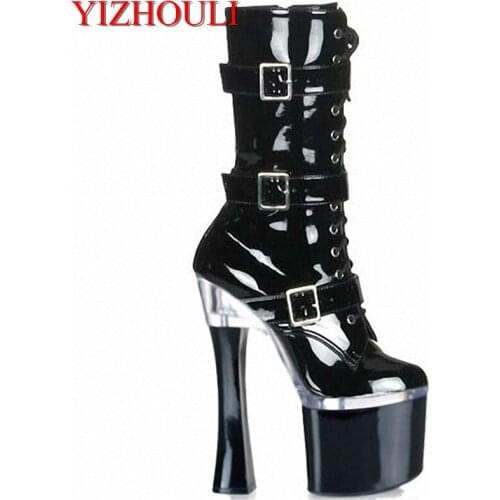 New fashion cool womens ankle boots,sexy 18cm ultra high heels, platform pumps womens shoes, black leather buckle boots on sale
