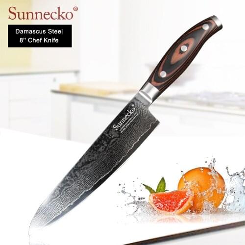 SUNNECKO 8" Chef Knife Multiplayer Damascus Japanese VG10 Steel Blade Kitchen Knives Pakka Wood Handle Meat Fruit Cutting Tool