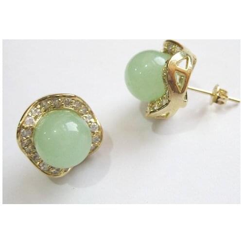 2 colors wholesale fashion jewelry pretty 8mm round light green/green Natural jade & crystal 18kgp earring #002