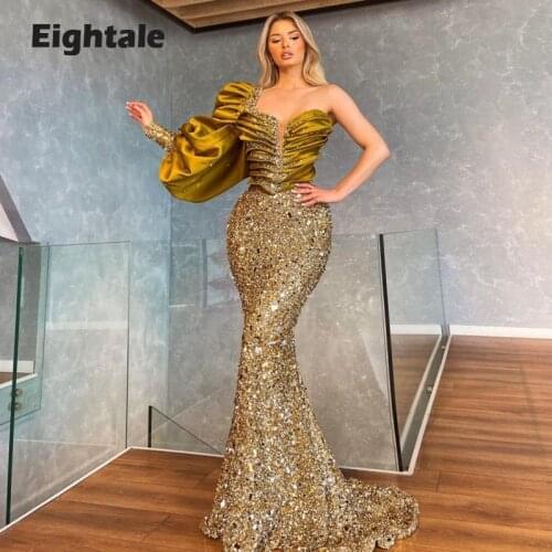 Eightale Arabic Evening Dress Crystals One Long Sleeves Prom Gown Ruffled Sequines Gold Mermaid Celebrity Party Dress 2021