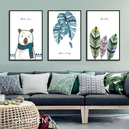 Nordic Cartoon Poster Bear Deer Beautiful Leaf Canvas Painting Cute Animals Wall Art Pictures For Child Room Decoration No Frame