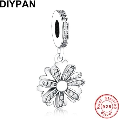 Fit Pandora Original Bracelet Charm 925 Silver Sparkling Daisy Flower Dangle Charm Pendant Necklaces Women Jewelry Berloque