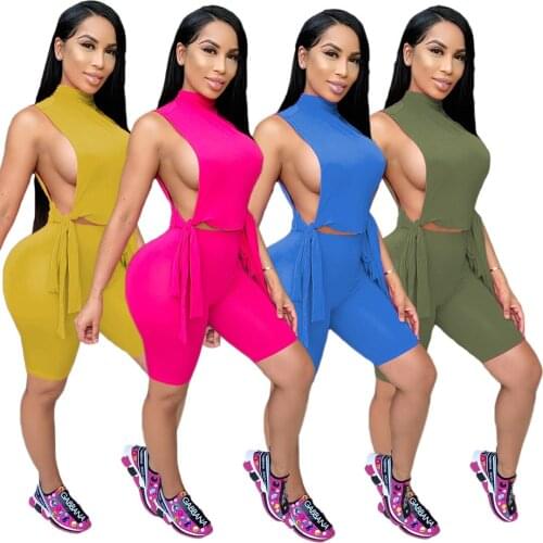 Adogirl Women Solid Tracksuit Sleeveless Hollow Out Bandage Tops And Knee Length Pants 2 Piece Sets Streetwear Summer Outfits