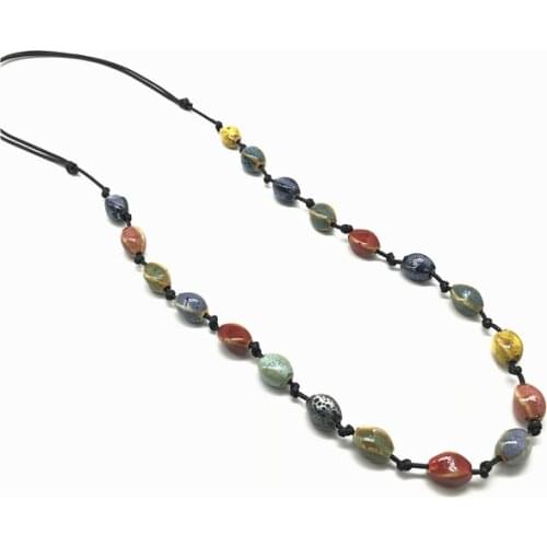 Vintage Bohemian Boho Style Colorful Ceramic Adjustable Long Necklace for Women Handmade Jewelry