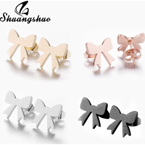 Shuangshuo Sweets Jewelry Womens Bowknot Earrings Female Bow-knot Stud Earrings for Women Accessories Stainless Steel Earrings