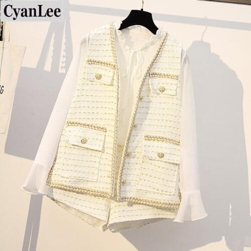 Plus size 5XL women sets office ladies white long sleeve blouse+vest+shorts 3 pieces set korean elegant england women autumn set