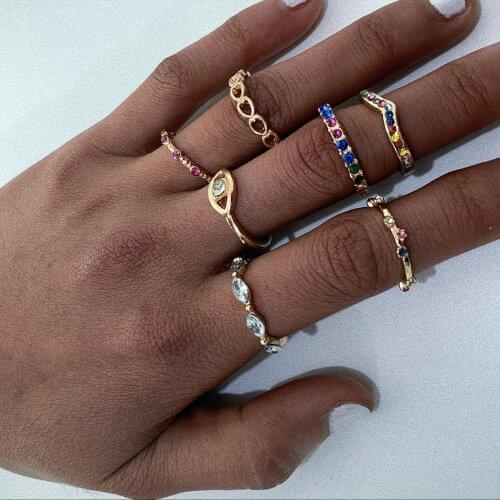 2020 Bohemian Vintage Cute Gold Eye Heart Geometric Joint Ring Set for Women Colorful Crystal Midi Ring Set Party Jewelry Gift