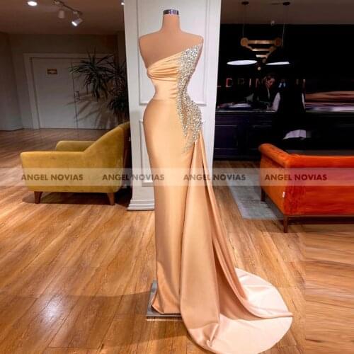ANGEL NOVIAS New Arrival Long Champagne Mermaid Satin Evening Dress 2021 Crystals Elegant Arabic Prom Gowns Sukienki Damskie