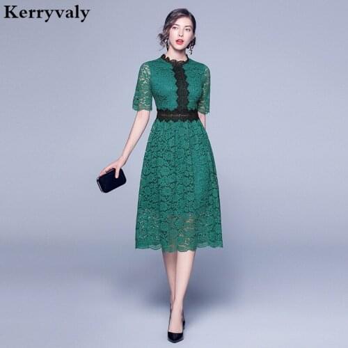 New Crochet Hollow-out Split Green Lace Dresses Vestidos Verano 2021 Mujer Midi Women Party Dress Kleider Damen K8316