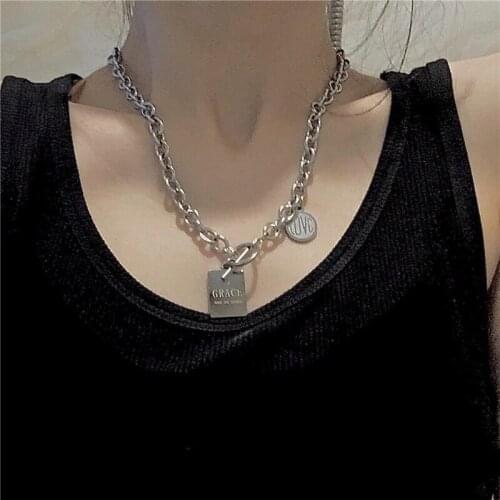 Minar Delicate Square Coin Love Heart Letter Pendant Necklaces for Women Girls Jewellery Chunky Curb Chain Necklaces Hip Hop