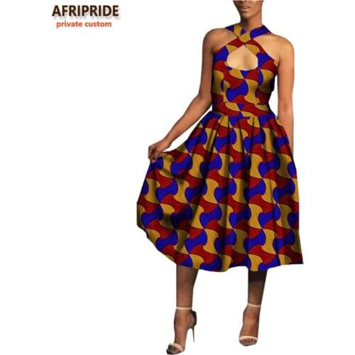 2018 african summer sexy dress for women AFRIPRIDE sleeveless spaghetti strap halter calf length women dress wax cotton A7225125