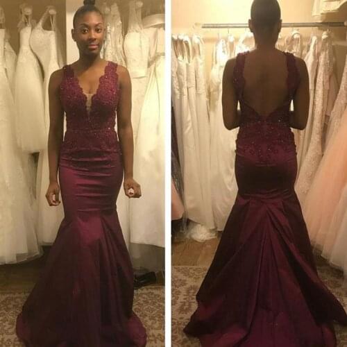 Burgundy Mermaid Prom Dresses 2020 V Neck Backless Sweep Train Appliques Beads Long Formal Evening Party Gowns robes de soirée