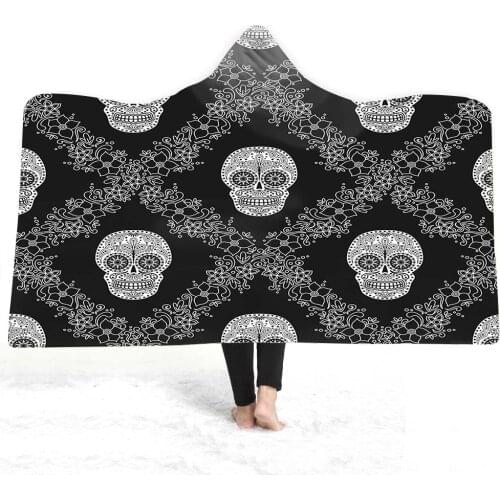 Free shipping Holiday Birthday Gift Gothic Cool Sugar Skull Sherpa Sherpa Fleece Hooded Blanket Cloak Camping Sofa Office Throw