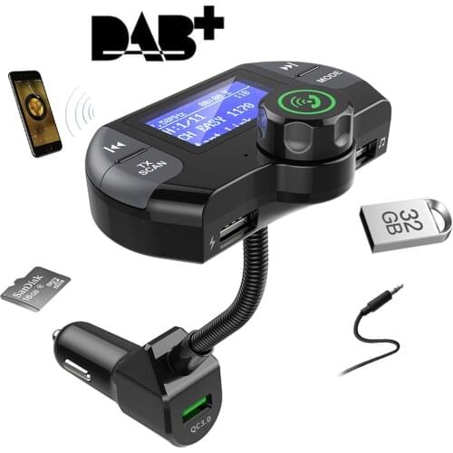 Digital DAB Radio Receiver Car DAB Tuner Bluetooth 4.2 FM Transmitter Aux Stereo Music QC3.0 Dual USB Support TF Card U-disk