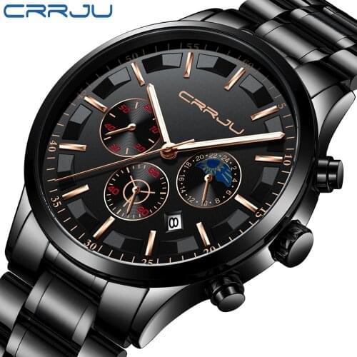 CRRJU Quartz Steel Men Watches Top Brand Luxury Fashion Black Calendar Watch man Sports Chronograph Clock Relogio Masculino