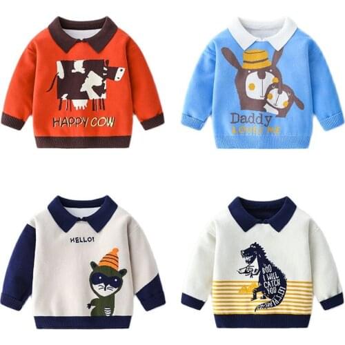 Kids Sweater Autumn Winter New Fashion Boy Korean Style Baby Turn-down Collar Cartoon Animals Long Sleeve Knitted Sweater Tops