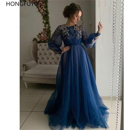 HONGFUYU A-Line Blue O-neck Long Evening Dress Tulle Appliques Long Sleeve Prom Party Gowns with Sashes Formal Dresses Elegant