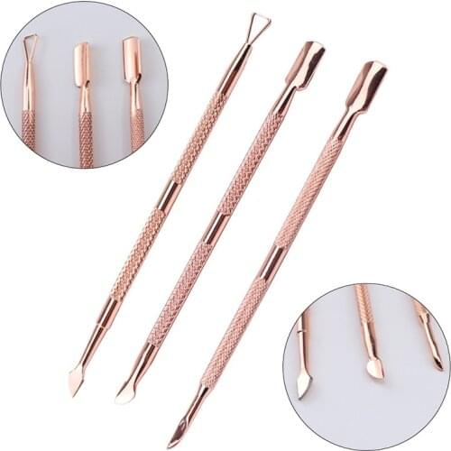 Dual-end Cuticle Pusher Removal Stainless Steel Dead Skin Remover Nail Art DIY Design Tool Nail Polish Scraper Cleaner Rose Gold
