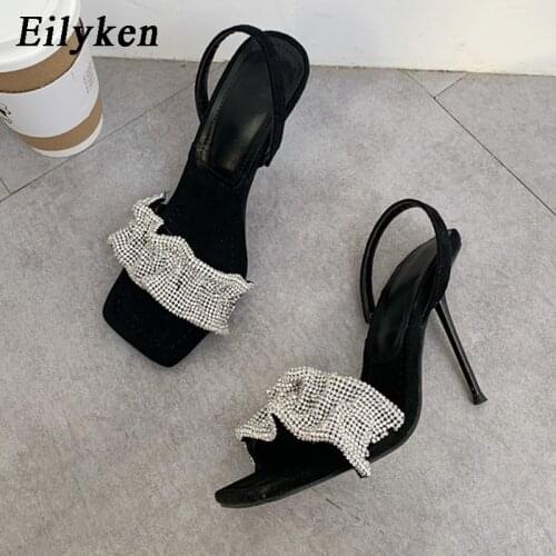 Eilyken 2021 Summer New Fashion Rhinestone Back Strap Sandals Thin High Heels Sexy Party Shoes Women Open Toe Stiletto Pumps