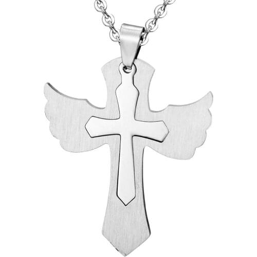Classic Stainless Steel Double Cross Quality Religious Jewelry Angel Wing Necklace Pendant Dropship 20" chain included