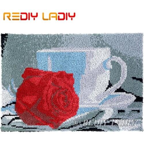 Latch Hook Kits Coffee with Rose Chunky Yarn Embroidery Crochet Tapestry Kits Needlework Arts & Crafts DIY Carpet Rug 85*58cm