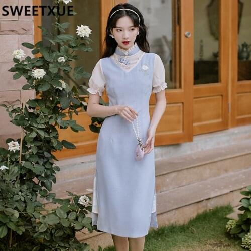 SWEETXUE Women Preppy Style French Sweet Kawaii Girl Romantic Gentle Cheongsam Dress Puff Sleeve Embroidery Vintage Elegant Lady