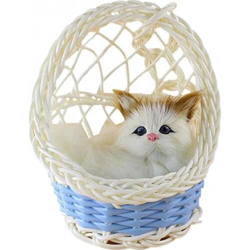 Miniature with Hanging Basket Ornament Figurine Cute Simulation Cat Kitten Plush Doll Toy Desktop Figurine with Hanging Basket