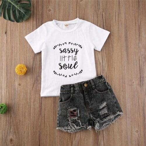 Fashion Summer Toddler Kids Baby Girl Clothes Sets Letter Print Short Sleeve T Shirts Tops+Denim Shorts 2pcs Outfits