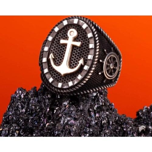 New Authentic Sterling Silver Antique Turkish Anchor Sailor Ring Mens Colorful Punk Rock Rustic Flat Hallmarked Male Jewelry