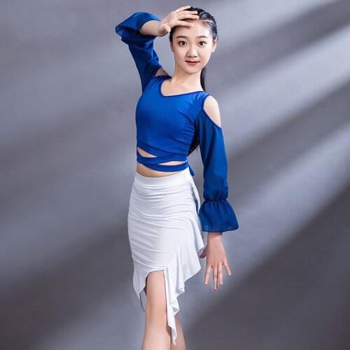 New Latin Dance Clothes Kids Long Sleeve Practice Blue Tops White Skirt Girls Rumba Tango Samba Cha Cha Dance Dresses DQL5327