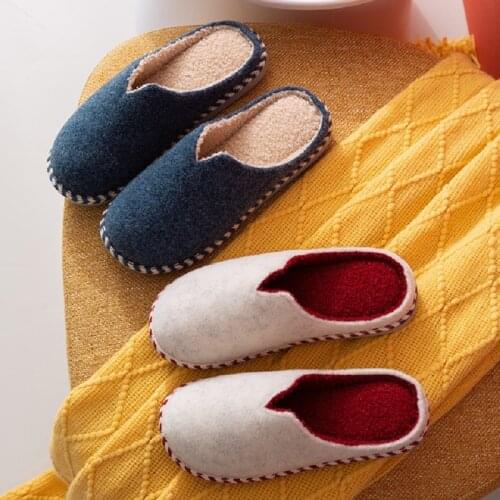 Pure Color Felt Winter Couple Cotton Slippers Couple Home Warm Casual Shoes Plush Non-Slip Breathable Indoor Ladies Slippers