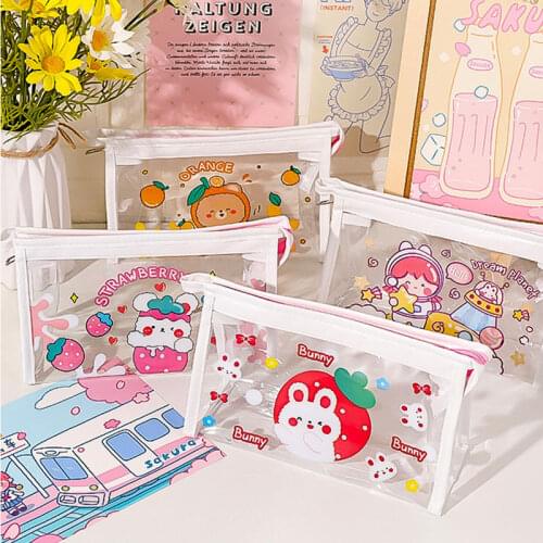 Cartoon Cute Transparent Pencil Case Large Capacity Female Simple High-value Japanese Triangle Cosmetic Bag Korean Stationery