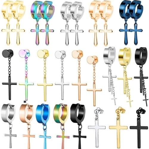2PCS Stainless Steel No Piercing Cross Earring For Men Kpop Clip On Cross Earring Gothic Punk Fake Ear Cuff Cross Earring Dangle