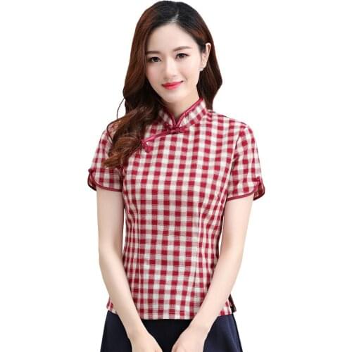 Shanghai Story Short Sleeve Plaid cheongsam top Lattice traditional Chinese Top Blend Cotton Linen Blouse