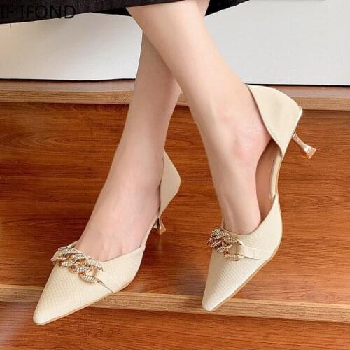 IF IFOND Slip-on Thin High Heels Pumps Women Shoes Elegant Pointed Toe Chain Design Crystal Heel Shoes Ladies Dress Pumps 2021
