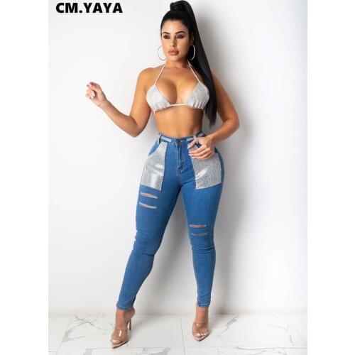 CM.YAYA Streetwear High Waist Sequins Splicing Denim Pants Women Retro Jeans Pencil Skinny Trousers Skinny High Waist Lady Pants
