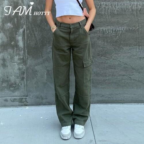 Street Style Green Wide Leg Straight Jeans Women High Waist Denim Pants Side Big Pockets Cargo Jeans Casual Trousers Iamhotty