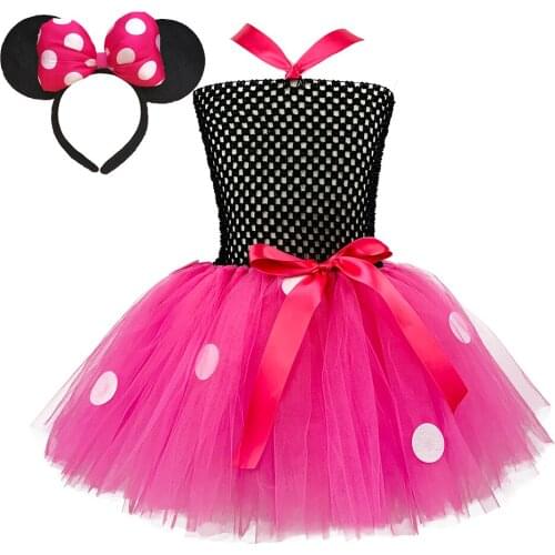 Hot Pink Minnie Tutu Dress Girl Kids Mini Cute Costume Baby Girls Birthday Outfits Set Children Clothes Toddler Dance Ball Gown