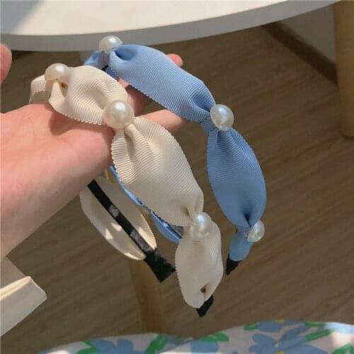 Korean fashion and simple headband~Sweet blue pearl temperament sweet girl heart headband go out to press hairband tide