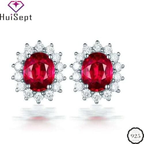 HuiSept Trendy Silver Earrings 925 Jewelry Oval Shape Ruby Gemstone Zircon Stud Earrings for Female Wedding Party Gift Wholesale