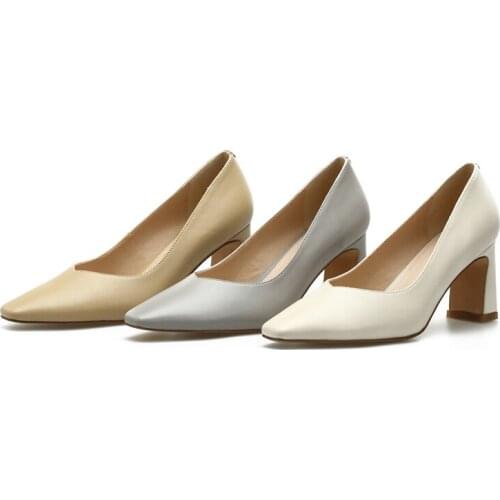GUIDIBASICGenuine Leather Women Heels Small Square Head Pumps Shoes Fashion Womens Shoes Go With The Dress D10-Qipa-F37