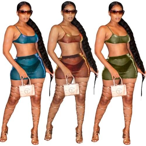 Echoine Women Summer Sexy See Through Shiny mesh fabric 2 Two Piece Set Tank Top Mini Dress Sets Bodycon nightclub Party Outfits