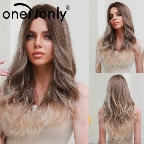 OneNonly Brown Ombre Blonde White Synthetic Wig for Women Long Wavy Natural Wigs Cosplay Middle Part Wig Heat Resistant