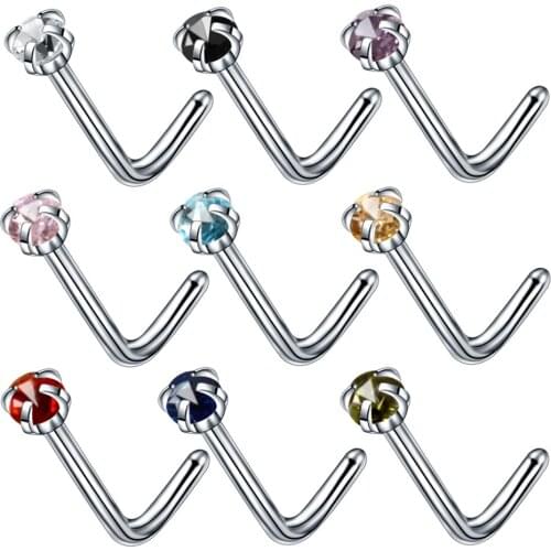 1 Piece Prong CZ Nose Ring L Shape Surgical Steel Zircon 2mm Gem Nose Studs Hooks Bar Pin Nose Rings Piercing Jewelry For Women