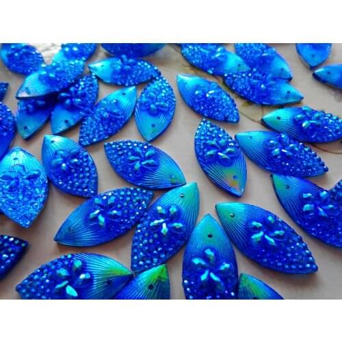 100pcs Sew on stones Rhinestones Navette shape 11*24mm deep blue AB colour beads resin gemstones for dress