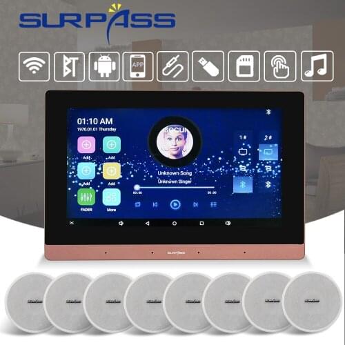Wireless WiFi Bluetooth Wall Amplifier Audio 7" Touch Screen Smart Home 8*25W Stereo Sound PA System Ceiling Speaker Cheap Set
